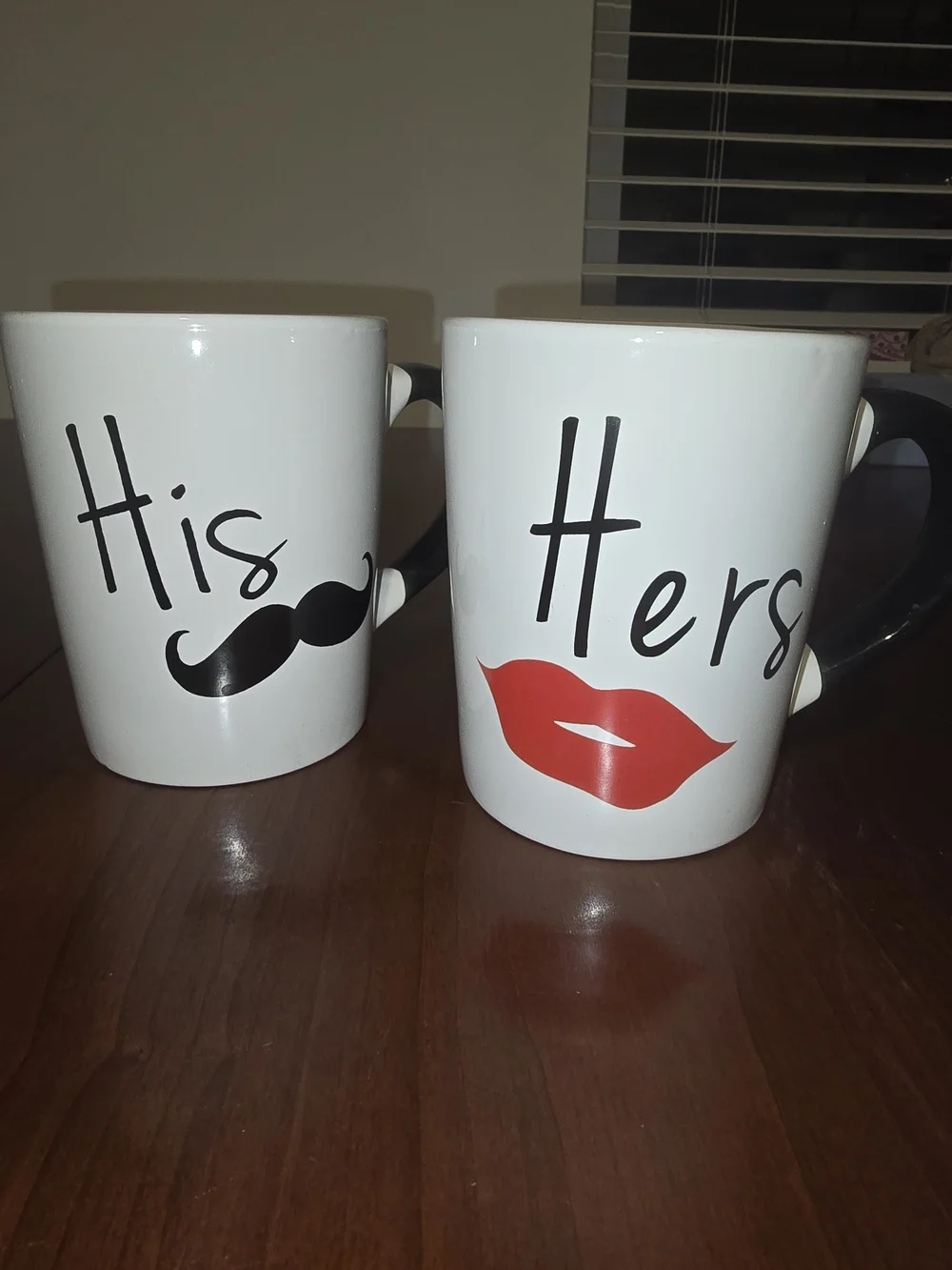 His and Hers White Stoneware 20 oz Mugs Set with Black Mustache and Red Lips 💋